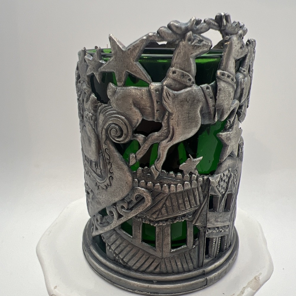 Santa's Home For The Holidays Pewter Candle Holder Votive Green Glass